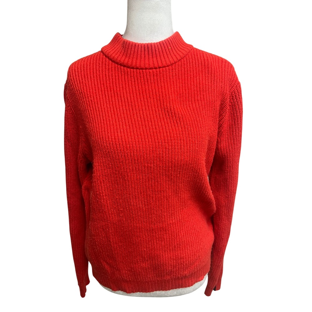 Tahari Sweater Womens Sz L Mock Neck Ribbed Knit Red Black Side Stripe Pullover